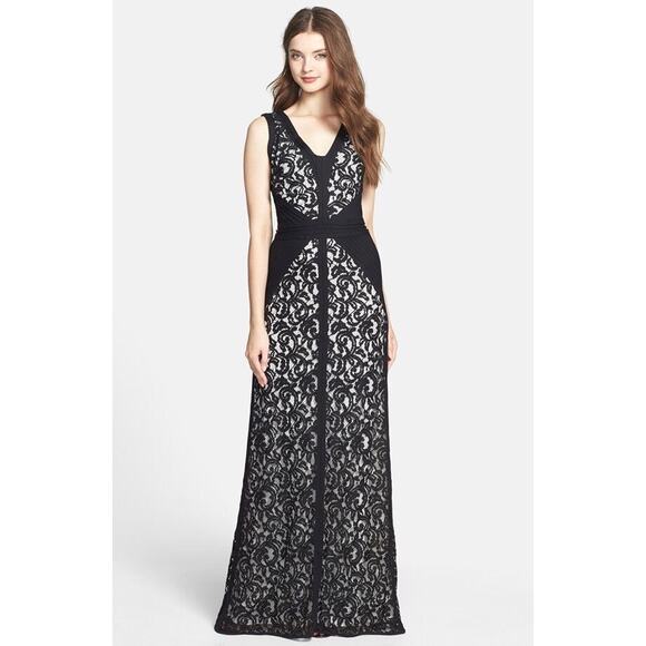 Tadashi Shoji Sleeveless Lace Gown with Pleated Panels Black Ivory Size 6